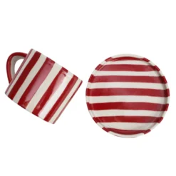 Tasse en céramique rayée avec soucoupe 350 ml Rouge
