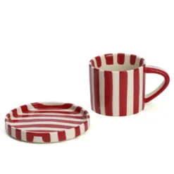 Tasse en céramique rayée avec soucoupe 350 ml Rouge