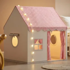 Tente maison avec guirlande pour enfant en polyester rose