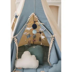 Tente tipi bleu jean avec pompoms