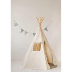 Tente tipi pompoms gris avec tapis