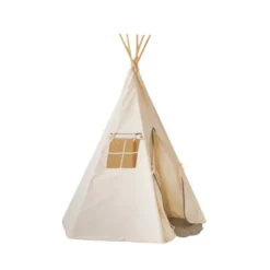 Tente tipi pompoms gris avec tapis