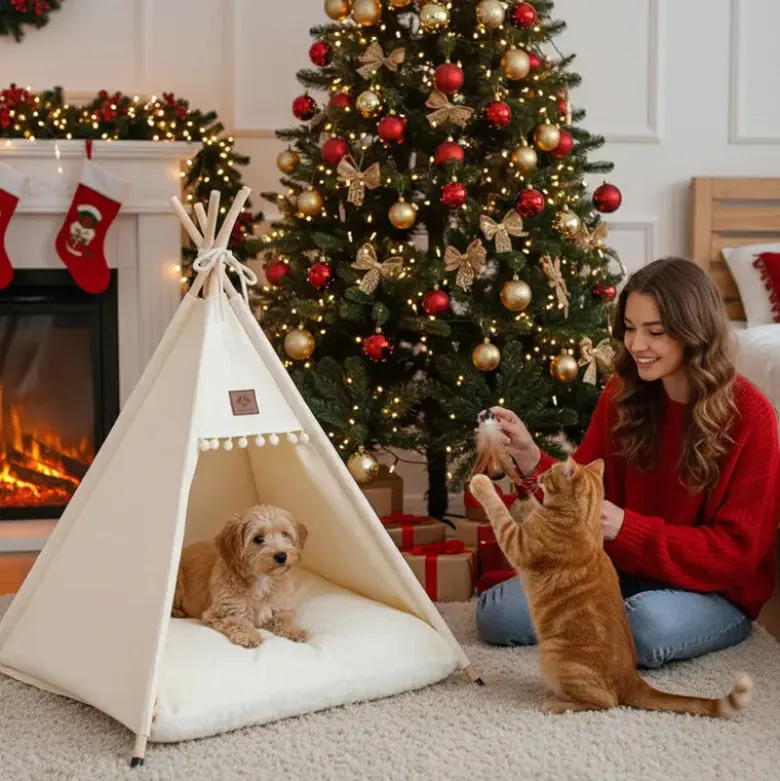Tipi en coton pour animaux avec coussin