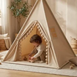 Tipi gros pompons avec tapis pour enfant en polyester taupe