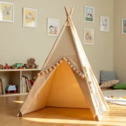 Tipi gros pompons avec tapis pour enfant en polyester taupe