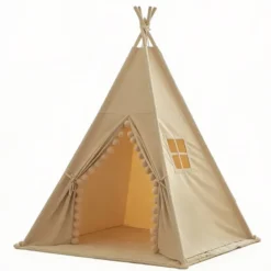 Tipi gros pompons avec tapis pour enfant en polyester taupe
