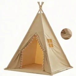 Tipi gros pompons avec tapis pour enfant en polyester taupe