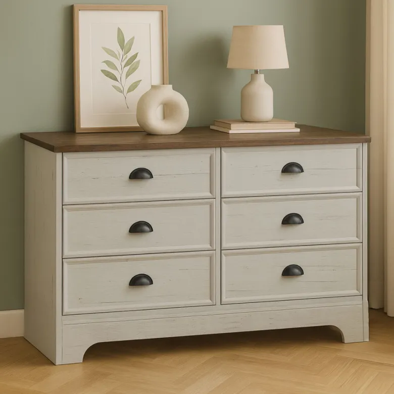 Valla commode 6 tiroirs blanc et bois 120cm