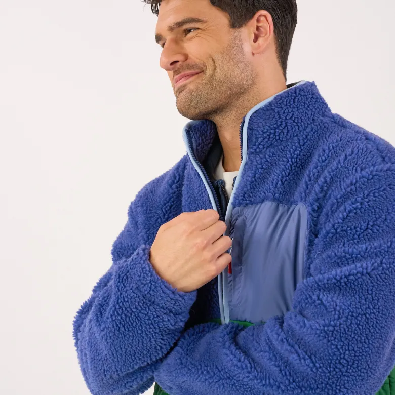 Veste bi-matières en sherpa bleu et vert S