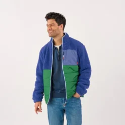 Veste bi-matières en sherpa bleu et vert S