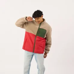 Veste bi-matières en sherpa naturel et rouge S