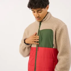 Veste bi-matières en sherpa naturel et rouge S