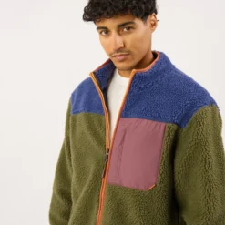 Veste sherpa zippée manches longues kaki et bleu XS