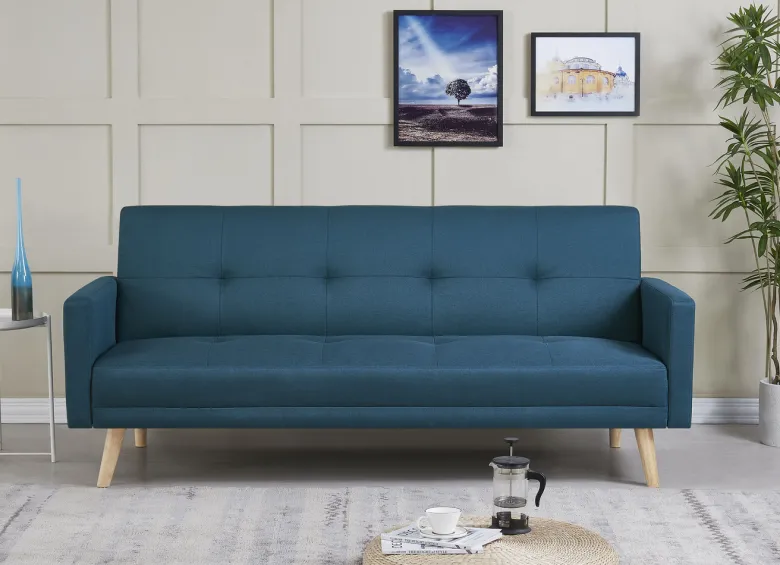 Wooden canapé scandinave convertible 3 places en tissu bleu canard