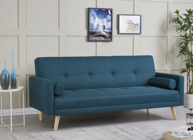 Wooden canapé scandinave convertible 3 places en tissu bleu canard